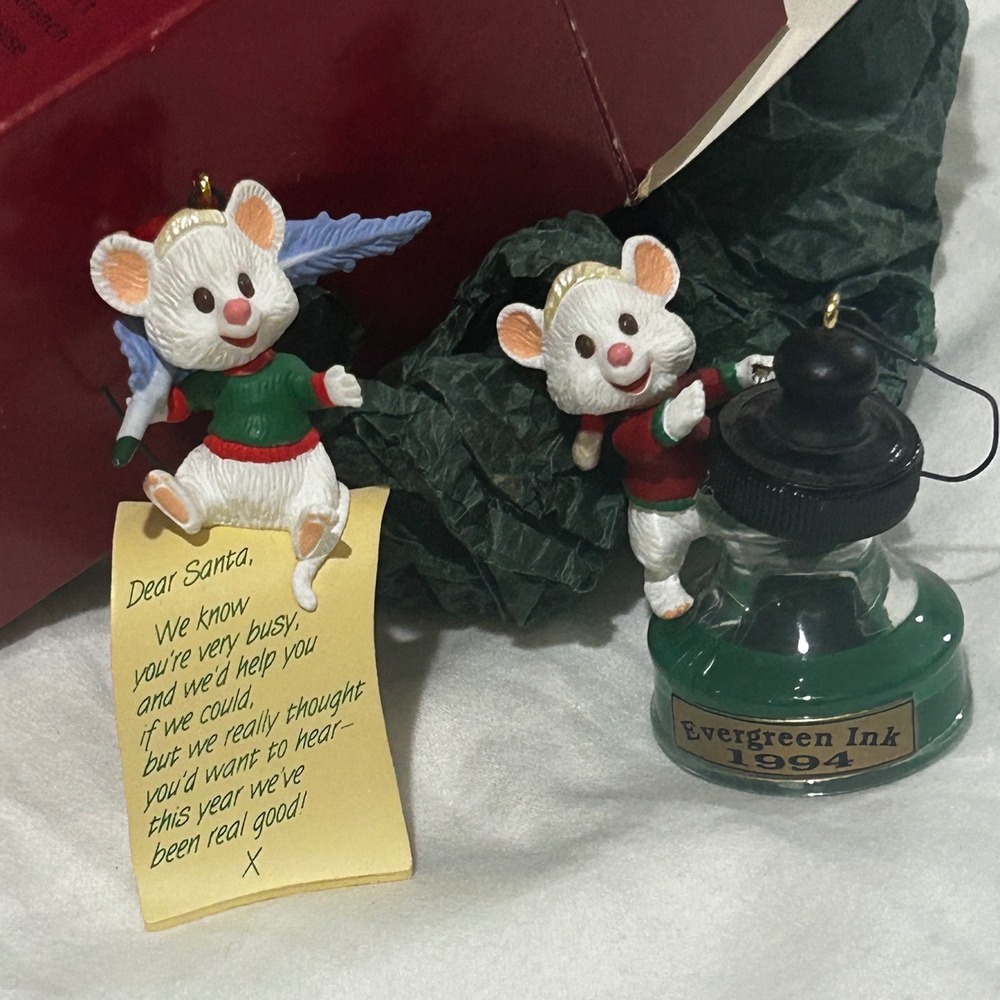1994 Hallmark Keepsake Dear Santa Mouse Set of 2 Christmas Ornaments Vintage
